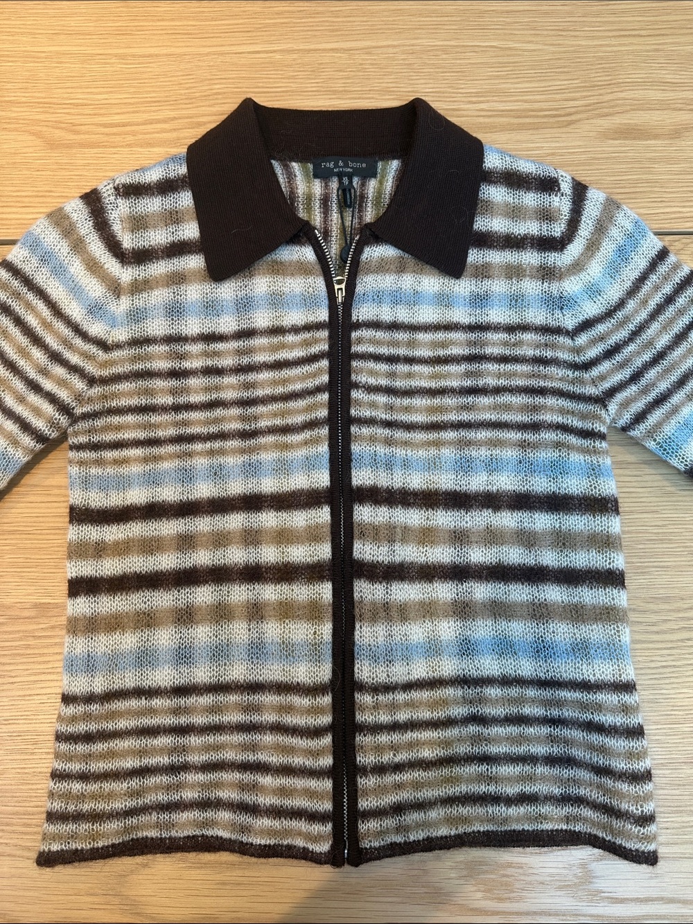 rag & bone Brown and Light Blue Striped Zip Polo short sleeve Sweater